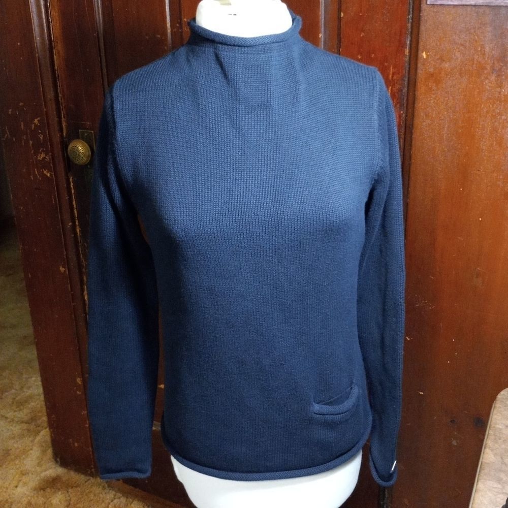 Tommy Hilfiger Vintage sweater rolled hem pocket crew neck navy pullover small